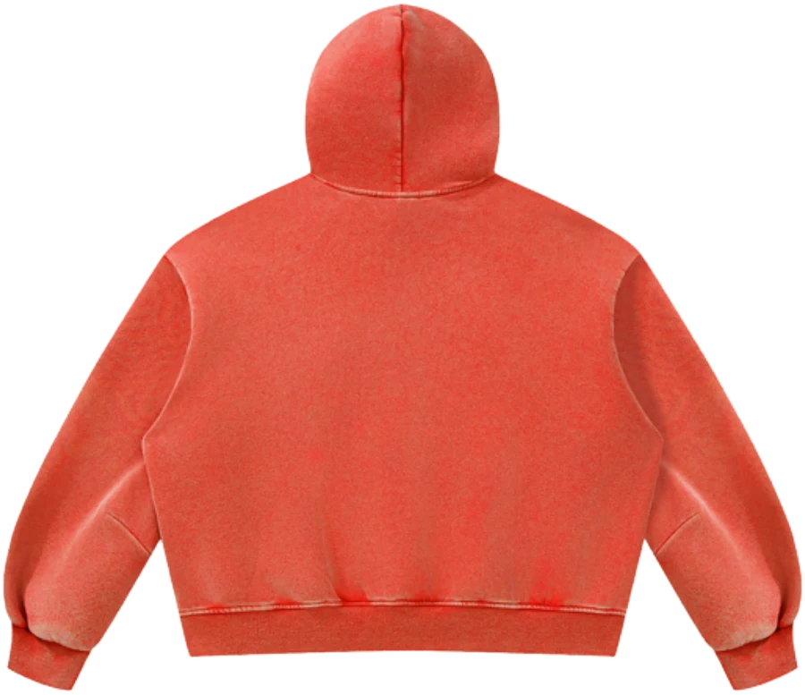 Washed red hoodie, back — blank sun-faded wash