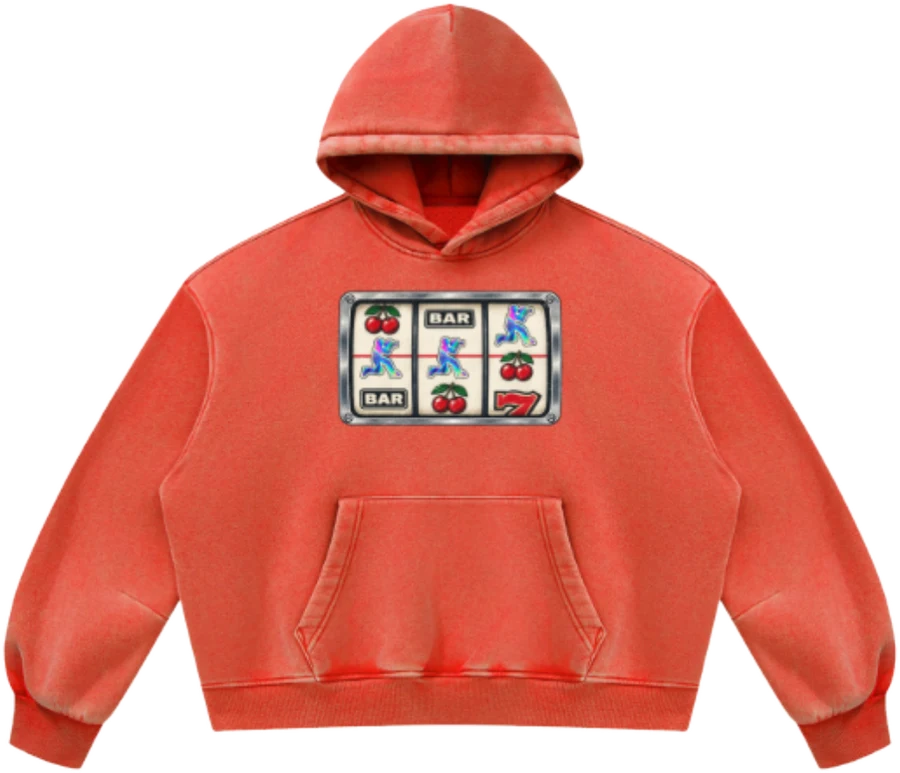 Washed red hoodie, front — slot machine graphic with holographic cameramen on the reels