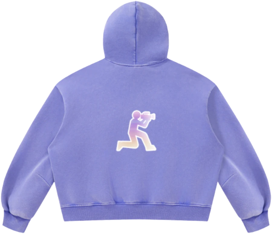 Washed lavender hoodie, back — pastel gradient cameraman print