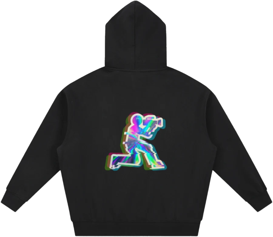 Black hoodie, back print — one large glitched holographic cameraman